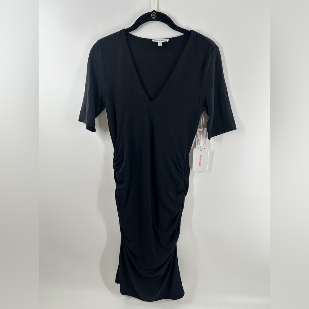 Good‎ American Black V-Neck Ruched Side Midi Dress Size 2/M